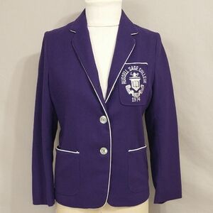 1974 College Jacket Bright Purple Wool White Piping Russell Sage Crest SeeMeasur